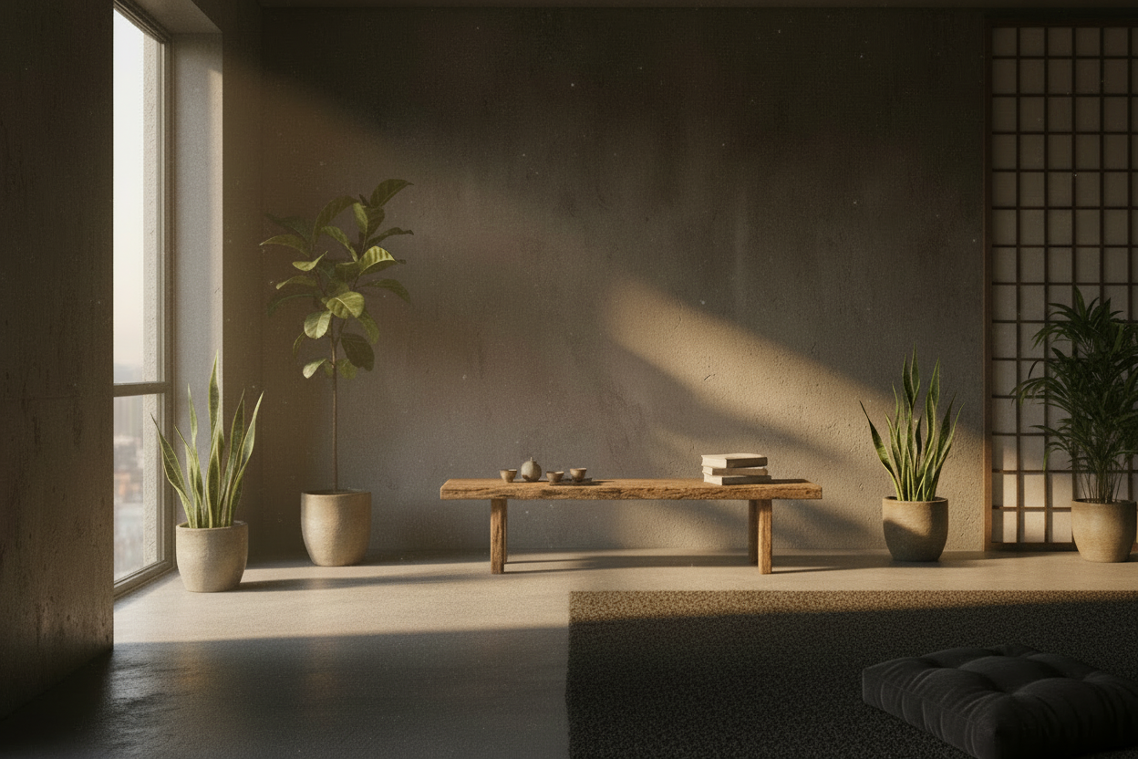 Dark concrete interior with trees